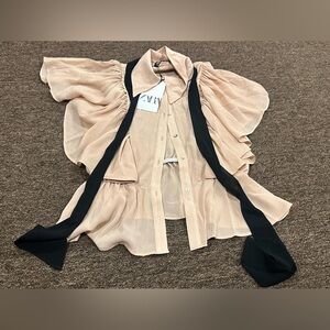 NWT Zara Light Pink Blouse button down Black collar for bow tie XS